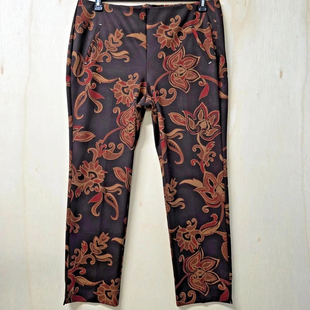 Chico's Womens 2P Brown Floral Capri Pants Petite Stretch Career Cropped 12P